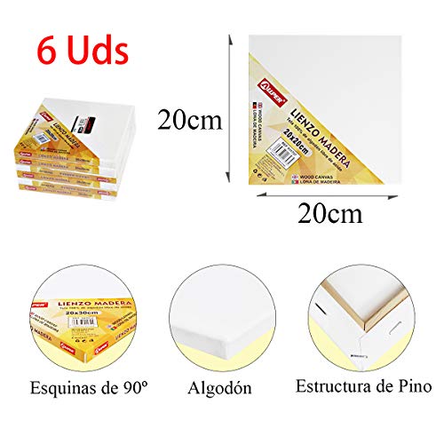 ALLPER Pack de 6 lienzos 20 x 20 cm de 100% algodón apto para óleo, acrílico y mixto, pre-estirado, color BLANCO. Libre de ácido.