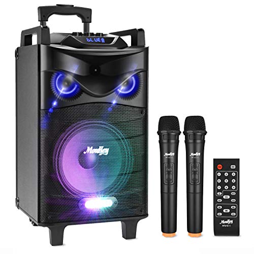 Altavoces de Karaoke Moukey Bluetooth Sistema de Karaoke Potencia pico 200 W Portátil PA Sistema con luces de DJ Micrófono VHF mando a distancia MP3/USB/TF/FM radio para la fiesta de Navidad 12″