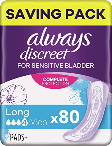 Always Discreet - Compresas para incontinencia (80 compresas), paquete mensual, protección discreta y alta absorción, neutralizador de olores, 4 paquetes de 20 unidades (el embalaje puede variar)