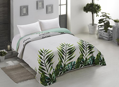 AmeliaHome Cubrecama 170x270 cm Colcha Reversible Acolchado De Fácil Cuidado Monstera Hoja Planta Blanco Verde Gris Acero Verde Claro Antracita Makia