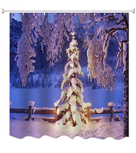 A.Monamour Cortina de Ducha Antimoho Impermeable Lavable Tela Bosque De Pinos De Nochebuena En La Noche Nevada Poliéster Cortinas de Baño con Ganchos 180x180 cm