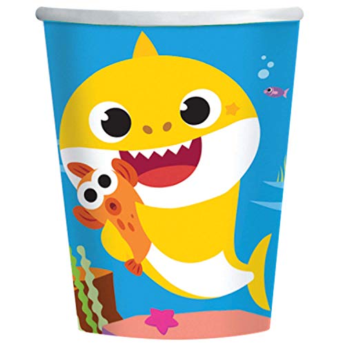 amscan 9909041 Baby Shark-Vasos de cartón (8 Unidades, Capacidad máxima: 250 ml, diseño de tiburón, desechable, para Fiesta de cumpleaños, decoración de Mesa, Bebidas, Multicolor