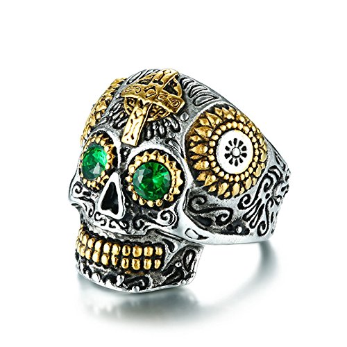 AnazoZ Anillo Hombre Acero Inoxidable Anillo Cruz Calavera Anillo Hombre Oro Verde Plata Anillo Talla 22