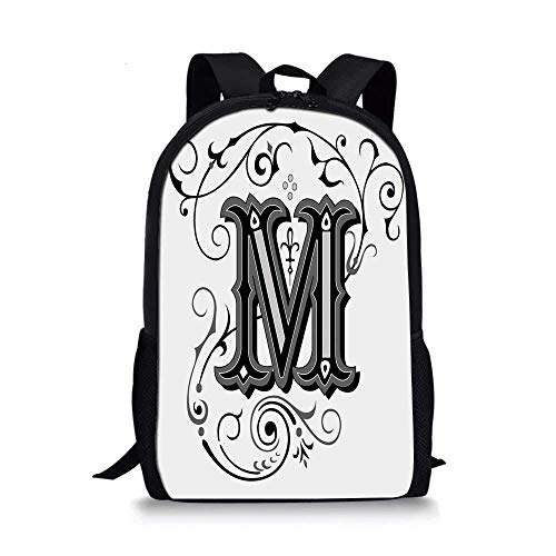 AOOEDM Backpack - Elegante Bolso Escolar con Letra M, diseño Ornamental Abstracto en Colores Oscuros, remolinos y líneas, decoración Oriental para niños, 11 'L x 5' W x 17 'H