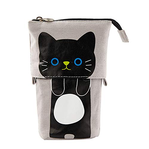 Apofly Lona del Gato Caja de lápiz de la Historieta de Bolsa de la Pluma de pie Titular de la Pluma del Maquillaje Cepillos Cosemetics Organizador del Bolso telescópica portátil 10,5 x 7.5x7.5cm Gris