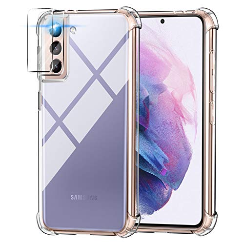 AROYI Funda Compatible con Samsung Galaxy S21 Plus 5G con 2 Pack Lente de cámara, Carcasa Suave TPU Silicona Airbag Anti-Choque - Transparente