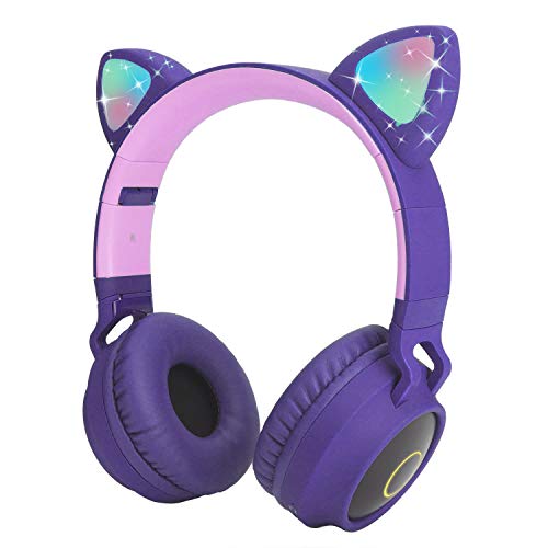 Auriculares Bluetooth para niños Auriculares inalámbricos de Oreja de Gato con luz LED Intermitente (púrpura)