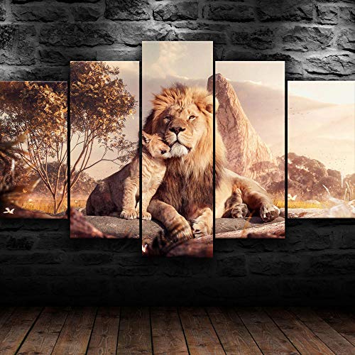 AWER Canvas Wall Art，El Rey León Simba Película Material Tejido Impresión，Impresión En Hd，Imagen Modular，decoración del hogar，5 Piezas 150x80cm，Con Marco