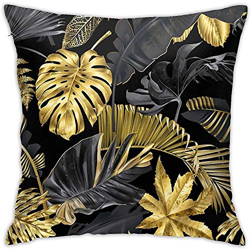 Babydo Cushion Cover Diseño De Hojas De Árbol De Plátano De Plantas Tropicales Funda De Almohada Negra Dorada Funda De Almohada Decorativa Fundas De Cojín Fundas De Almohada con Cremallera 45X45Cm