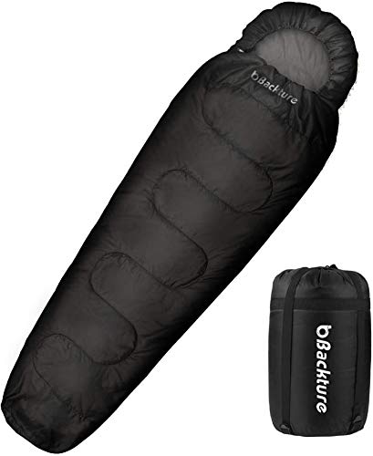 BACKTURE Saco de Dormir Momia, Sacos Dormir Adulto de Acampada Impermeable con Bolsa de Compresión, para Viajes, Camping, Senderismo, Excursiones y Actividades al Aire Libre, 220x80cm (Negro)