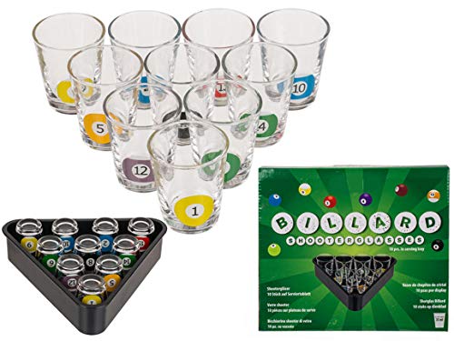 Bada Bing - Juego de 10 Vasos de chupito 35 ml con diseño Triangel Tablett Passendem con Billardkugeln sobre los Pinnchen Shooter Vasos con Dreieck Serviertablett Original Regalo 25