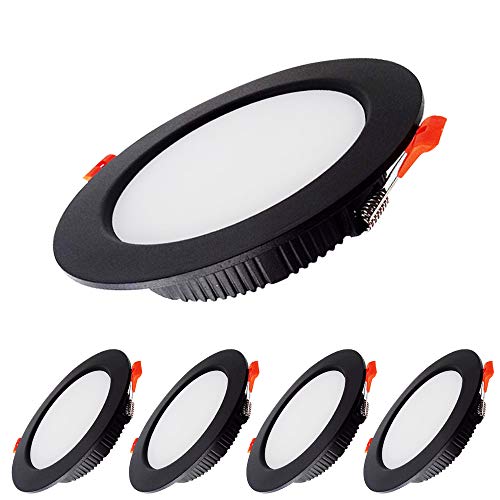 BAGZY 5 Piezas Empotrable Led Techo Downlight Circular Iluminacion 5W=50W (500 lm) 4500K (Blanco Natural) IP44 Tamaño del agujero 70-80mm Cocina Interior Comercia-Negro