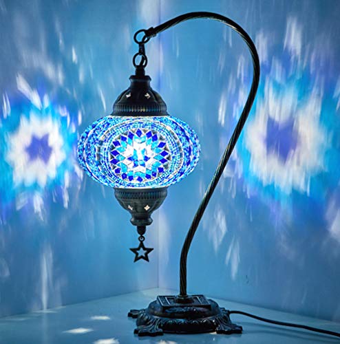 BOSPHORUS Impresionante lámpara de mesa de cristal con cuello de cisne turco marroquí, con base de bronce (azul)