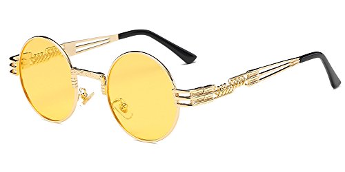 BOZEVON Estilo retro de Steampunk inspiró las gafas de sol redondas del círculo del metal para las mujeres y los hombres Dorado-Transparente Amarillo