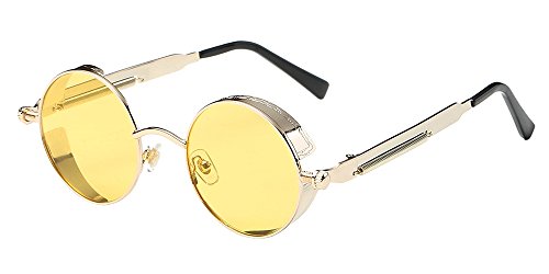 BOZEVON Punk Gafas de sol Redondas - Gafas de sol Retro Clásicas de Ciclismo de Metal Para Mujeres y Hombres Oro-Amarillo Transparente