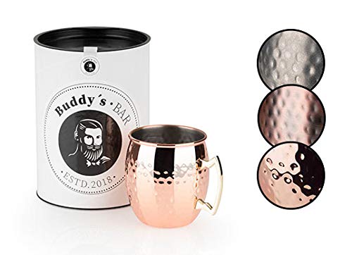 Buddy's Bar - Taza Moscow Mule, 550ml, taza de acero de alta calidad con revestimiento de cobre, apta para alimentos, efecto martillo, taza para cócteles con caja de regalo