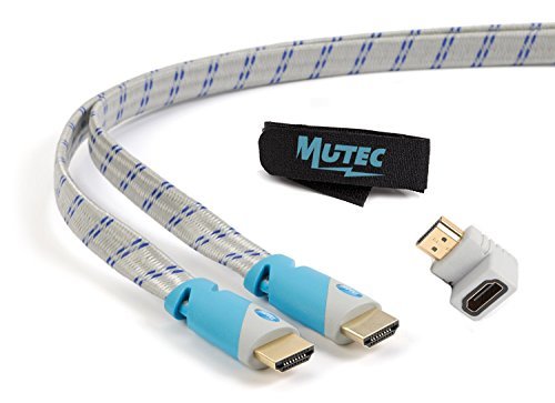 Cable ethernet HDMI MutecPower de alta velocidad (10M) 1.4a - Soporta 3D y canal de retorno de audio - Full HD [última versión HDMI disponible] 10 metros + adaptador HDMI + brida + Gris y azul trenzada