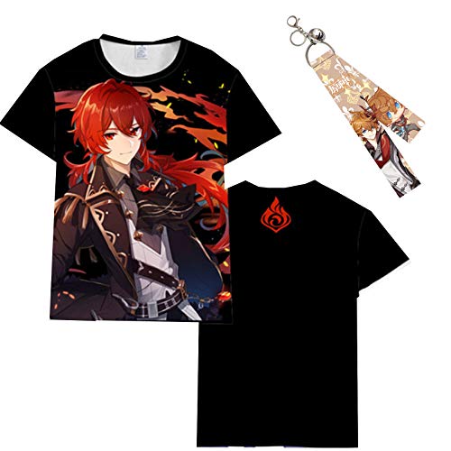 CAFINI Yuanshin Animation Circundante Camiseta Impresa En 3D + Llavero Genshin Impact Dibujos Animados Impresos Media Manga + Colgante Unisex Regalo para Fan del Juego (S-5XL)