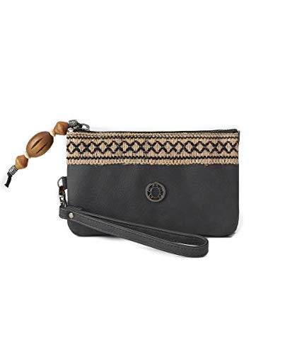 CAMINATTA Monedero Mujer Pouch Negro Bolso De Mano 3 Compartimentos Cartera Cierre Cremallera Gran Capacidad Asa Mano Bolso Llavero Neceser Bolso Pequeño Cuero PU Etnico 10X17X4 (Negro)