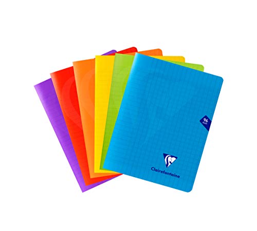 Clairefontaine 293741AMZC - Lote de 6 cuadernos grapados y cubierta de polipropileno, Papel de 90g, Tamaño 17x22cm, Séyès (Rayado francés), colores surtidos