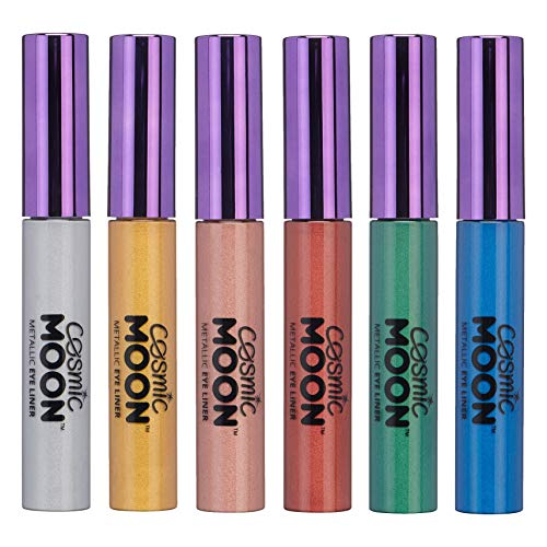 Cosmic Moon - Delineador de Ojos - 10ml - Para cautivar con los mejores estilos de ojos metálicos - Set de 6 colores - Incluye: Plata, Dorado, Oro Rosado, Rojo, Verde, Azul