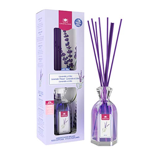 CRISTALINAS. Ambientador Mikado Clásico. Difusor con Varillas de ratán. Formula sin Alcohol. Máxima duración, más de 16 semanas. 180ml de Capacidad. Aroma Lavanda y Lilas. (180ml)