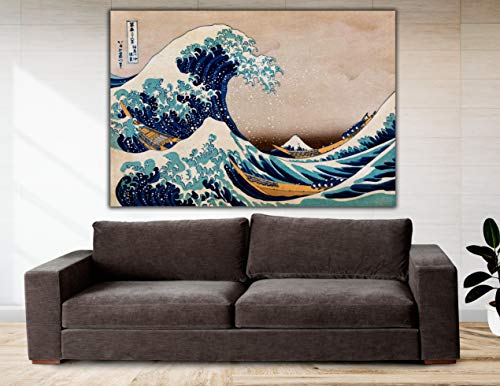 Cuadro Lienzo Bajo la Gran Ola de Kanagawa - 50x34 cm - Lienzo de Tela Bastidor de Madera de 3 cm de Grosor - Varias Medidas - Impresión en Alta resolución y Calidad (50, 34)