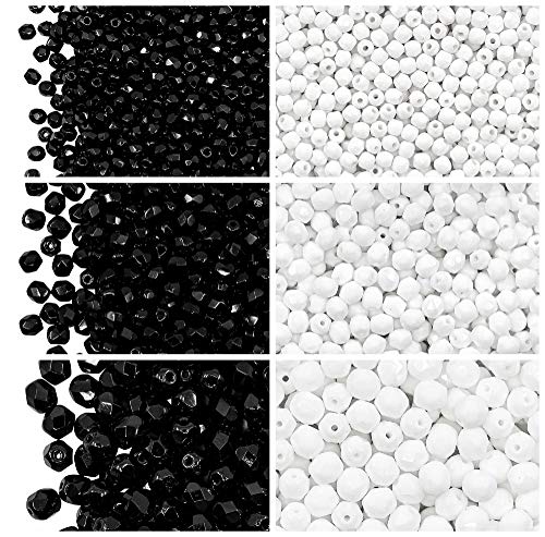 Cuentas de vidrio facetado checo, Fire-Polished, redondas 3mm, 4mm, 6mm. Dos colores: negro y blanco. Un total de 500 piezas de perlas. Set 2CFP 001 (3FP001 3FP006 4FP001 4FP055 6FP001 6FP043)