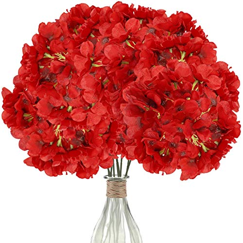 Decpro 12 Piezas de hortensias Artificiales con Tallos, 54 pétalos de hortensias de Seda realistas, Flores Falsas para Bodas, oficinas, Fiestas, cafés, decoración, Centro de Mesa(Rojo)