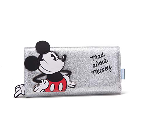 Disney, Mad About Mickey - Cartera con Efecto Purpurina, Color Plateado, Billetera Rígida y Robusta, Compartimentos Múltiples, Sistema de Cierre Práctico, Dim. 18 x 10 x 2.5 cm Gris