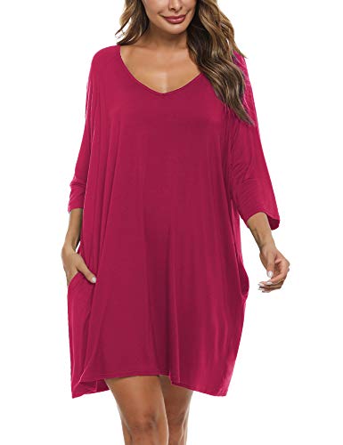 Doaraha Camisones de Algodón Modal para Mujer Vestido Camisón Super Suave Pijama Ropa de Dormir Talla Grande Verano Camisa de Dormir Cuello en V Manga 3/4 Loungewear (Vino Rojo, S)