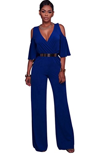 Dooxi Mujer Color Sólido Monos Cuello V Manga Corta Elegante Largo Jumpsuits Zafiro M