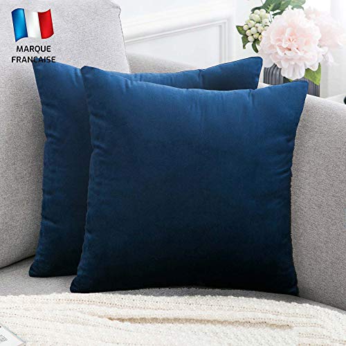 Douceur De Plumes Juego de 2 Fundas de cojín Azul Marino 50x50 Terciopelo Decorativo Liso, Suave y Moderna Funda de Almohada Cuadrada, decoración escandinava Sala, sofá, Dormitorio (2 Azul Marino)