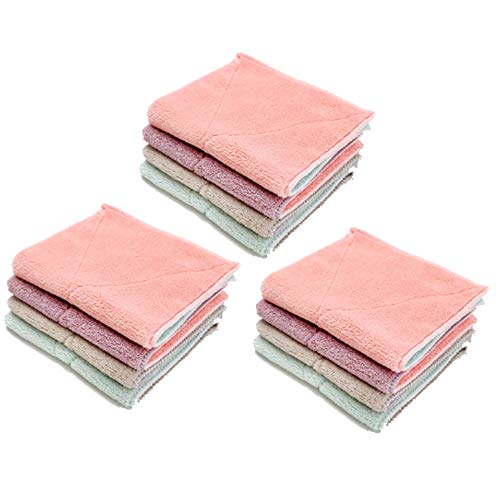 DXIA 12pcs Trapos de Cocina, Diseño de Mezcla de Colores, Vellón de Coral, Gran absorción de Agua, Paños de Limpieza de Microfibra para Polvo Cocina Cuadros Espejos Oficina Coche