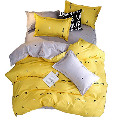 ED-Lumos Juego de Ropa de Cama ４Piezas para Cama 105cm Funda nórdica 180x220cm Sábana encimera 230x230cm Funda de Almohada 48x74cm Poliéster Modelo Estrellas pequeñas y pestañas Amarillo