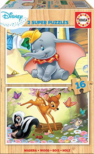 Educa - Disney Animals : Dumbo y Bambi 2 Puzzles Infantiles de Madera ecológica de 16 Piezas, a Partir de 3 años (18079)