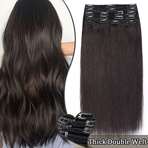 Elailite Extensiones Pelo Natural Clip Gruesas Cabello Humano Doble Volumen 8 Piezas Largas 100% Remy Quickclip Largas 60cm (170g) #1B Negro Natural