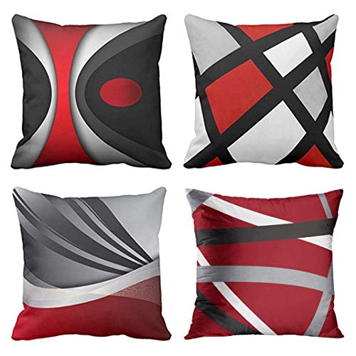 Emvency Juego de 4 fundas de almohada modernas abstractas de rayas rojas, gris, negro, blanco, acrílico, gris atrevido, decoración del hogar, fundas de almohada cuadradas de 50 x 50 cm