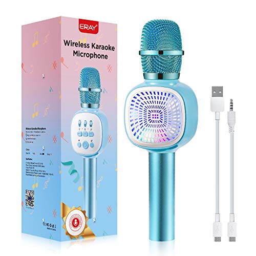 ERAY Micrófono Karaoke Bluetooth para Niños, Micrófono Inalámbrico con LED Luces, 4 Voces Ajustables, Soporta TF Tarjeta/USB Disco/ 3.5mm AUX Cable, Compatible con Smartphone, Color Azul (Modelo K69)