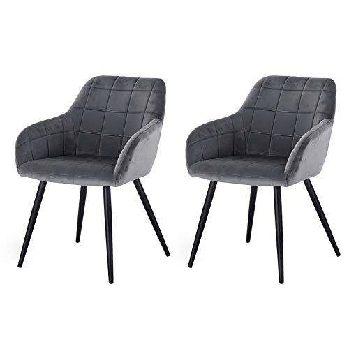 eSituro 2 x Sillas de Comedor Nordicas Diseño Vintage Moderna Silla Tapizada en Terciopelo con Reposabrazos Silla Nordicas Cocina Salón Estructura de Metal Gris Oscuro