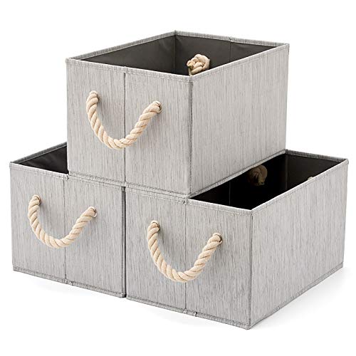 EZOWare 3 pcs Cajas de Almacenaje, Caja Decorativa de Tela Plegable Resistente con Manijas para Ropa, Juguetes, Armario, Dormitorio, Estanterías y Mas - Color Gris Natural