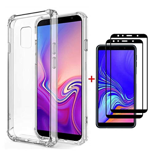 FHXD Compatible con Funda Samsung Galaxy J6 Plus Transparente TPU Silicona Cubierta Cover Protectora [2*Película de Vidrio Templado] Suave Anticaída de Cojín de Aire Case Protectora