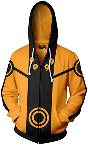 FLYCHEN Hombre Sudaderas con Capucha Naruto Figura Impresa Sudadera Naruto Shippuden Anime diseños de Cosplay - Negro Coma Amarillo 09-3XL