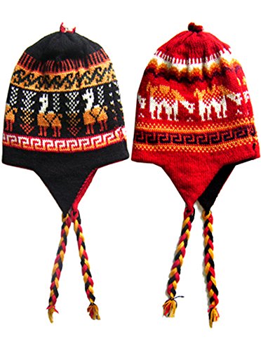 Gamboa - Gorro de Alpaca - Gorro Andino con Trenzas - Reversible Negro y Rojo