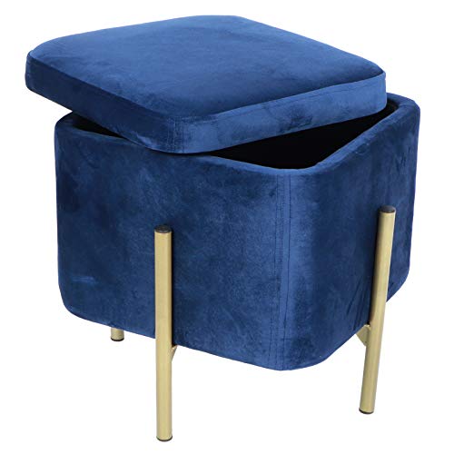 GOTOTOP Taburete Acolchado de Almacenamiento con Tapa Extraíble, Baúl Puff de Almacenaje con Patas de Hierro para Dormitorio Salón Pasillo 37 x 37 x 42cm(Azul Oscuro)