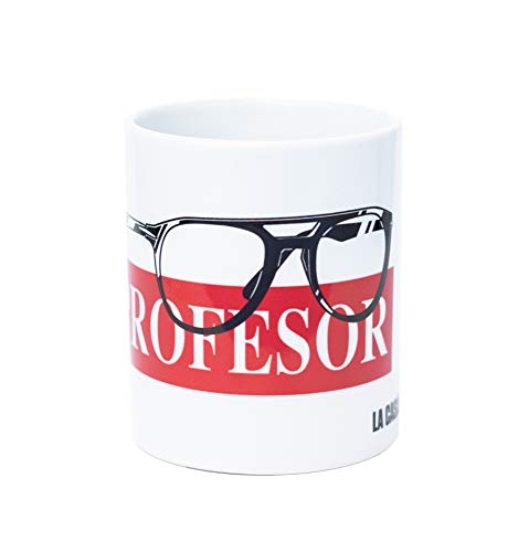 Grupo Erik TAZ025 Taza de desayuno Gafas Profesor, La Casa de Papel, Cerámica, Blanca con rojo