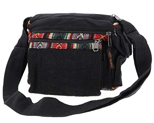 GURU SHOP Pequeño Bolso de Hombro, Bolso de Cáñamo étnico, Bolso Goa - Negro, Unisex - Adultos, Algodón, Tama�o:One Size, 18x23x10 cm, Bolsas de Hombro