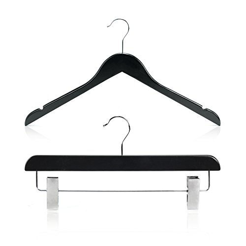 Hangerworld Set de 30 Perchas 45cm Madera Negro con Pinzas de Metal para Pantalón y Falda