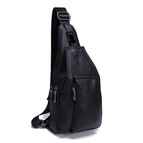 HARPIMER Bolso Mochila de Pecho Bolso Hombre Piel, Mochila de Cuero Autentico, BULLCAPTAIN Bolso Mochila de Pecho Piel Cuero Bolsa Resistentes al Agua para Escolare Ciclismo Senderismo (Negro)