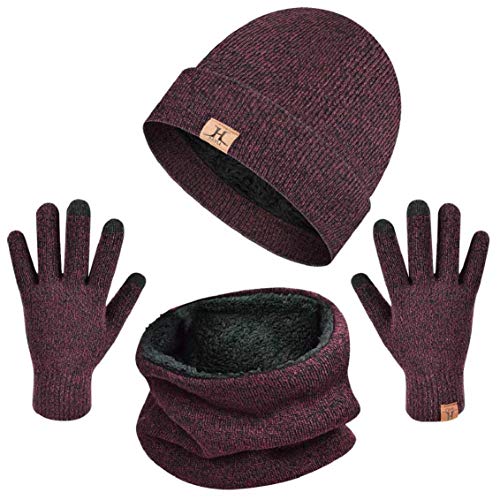 heekpek Bufanda Gorro Guantes para Hombre Invierno Regalos para Hombre Mujer Unisexo Set de Bufanda Conjunto de Guantes de Punto BufaSombrero de Invierno Gorras Con Bufanda (Rojo)